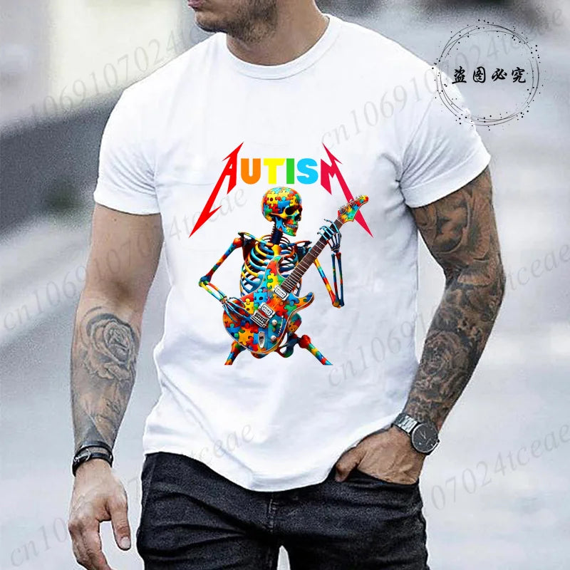 Autism Skeleton Guitar Player Rock Music Autism Awareness Shirt Fashion T-shirt for Men Tops Summer Casual Men's Tshirt Clothing