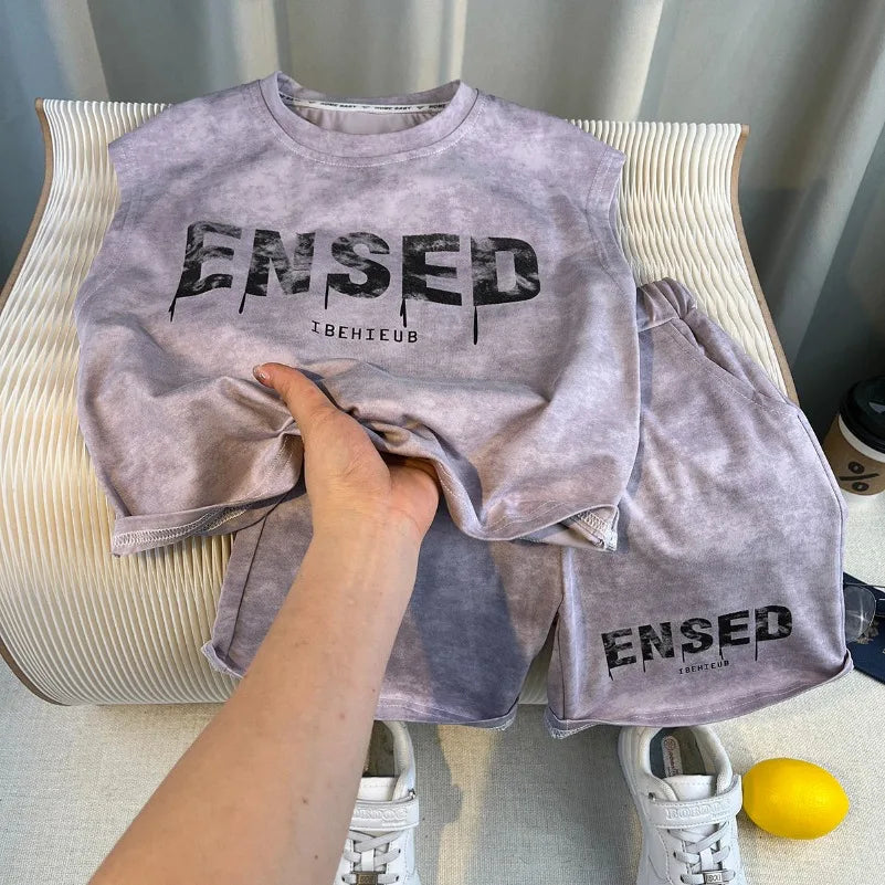 Summer Teenage Boy Clothes Kids Letter Print Sleeveless Top & Shorts 2pcs Suit New Fashion Baby Boys Clothing Children Tracksuit