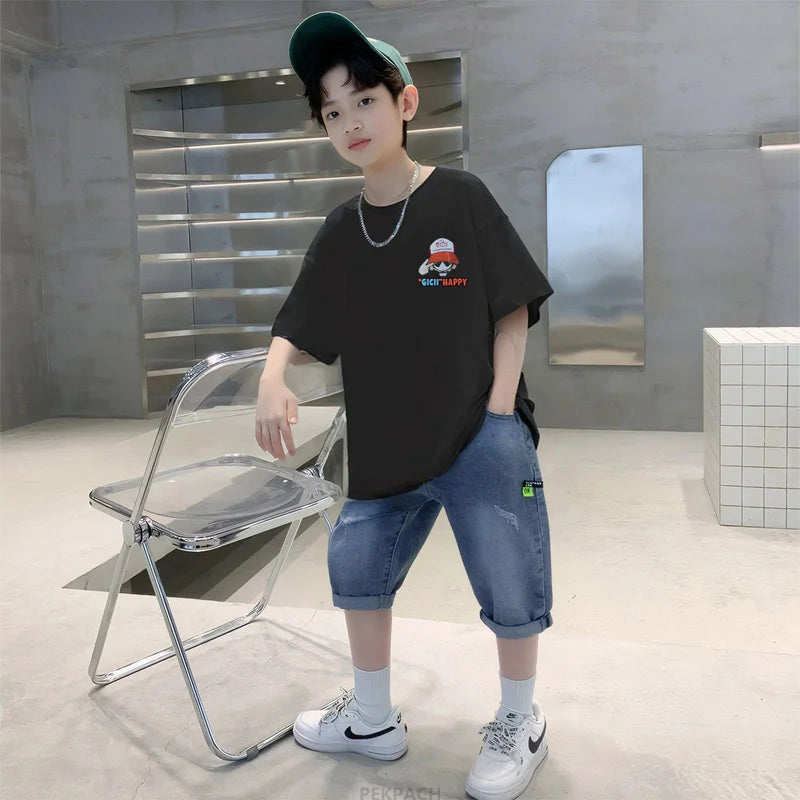Teens Boy New Summer Clothing Set Cartoon Outfit Children Casual Short Sleeve T-shirt + Denim Shorts 2 Pieces Clothes Tracksuit
