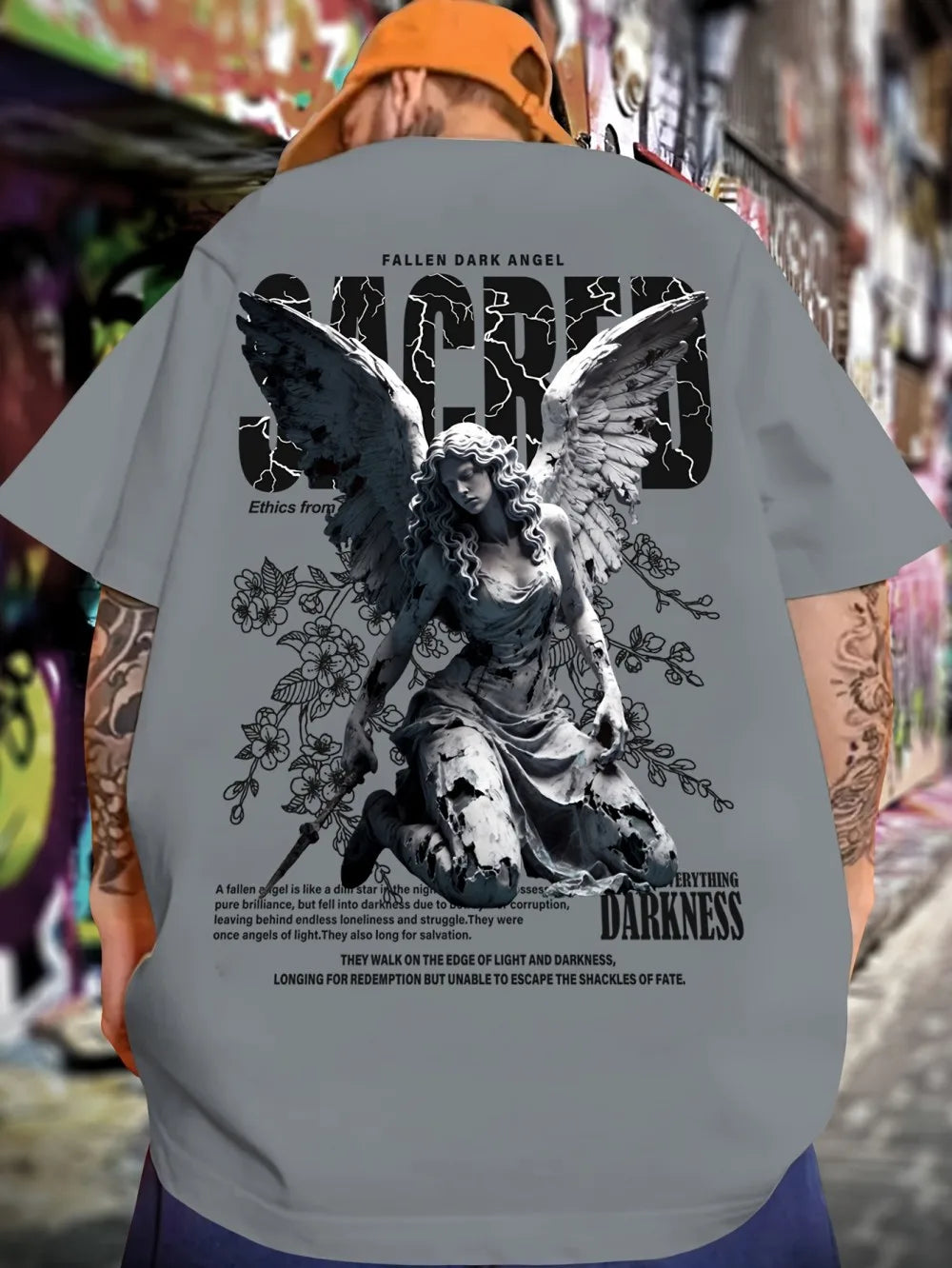 Summer fashion men's personalized angel letter print micro elastic breathable round neck T-shirt outdoor street versatile top
