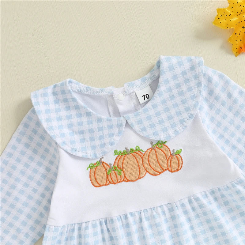 Baby Clothes Baby Girls Boys Halloween Romper Pumpkin Embroidery Plaid Doll Collar Long Sleeve Footie Jumpsuit for Fall