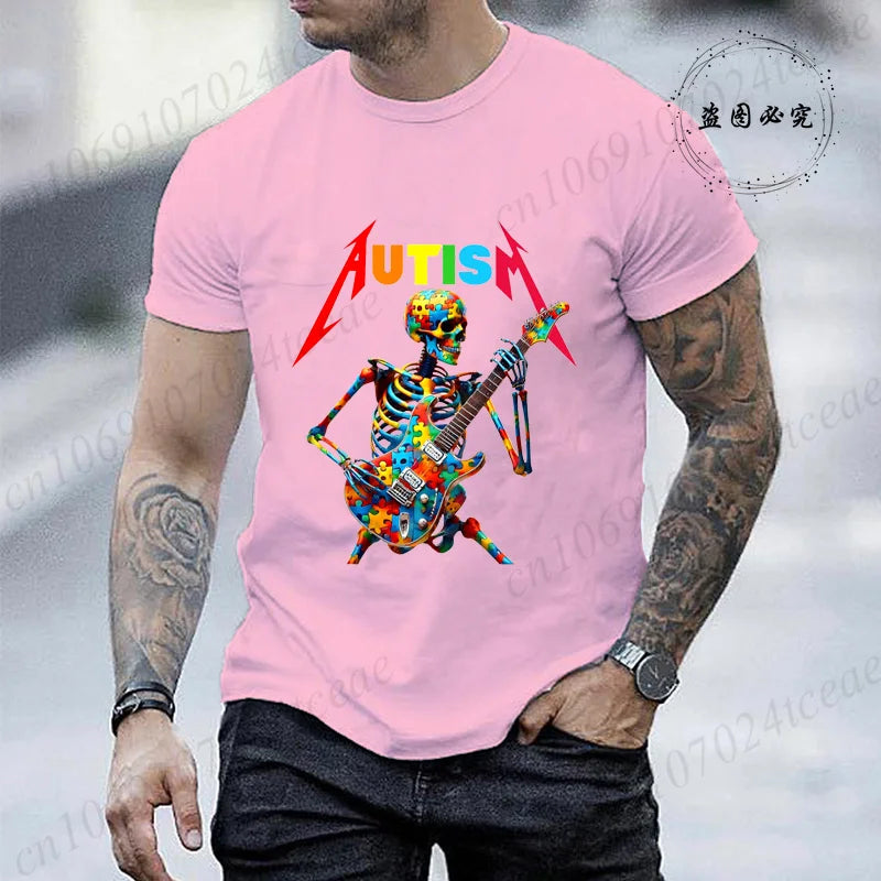 Autism Skeleton Guitar Player Rock Music Autism Awareness Shirt Fashion T-shirt for Men Tops Summer Casual Men's Tshirt Clothing