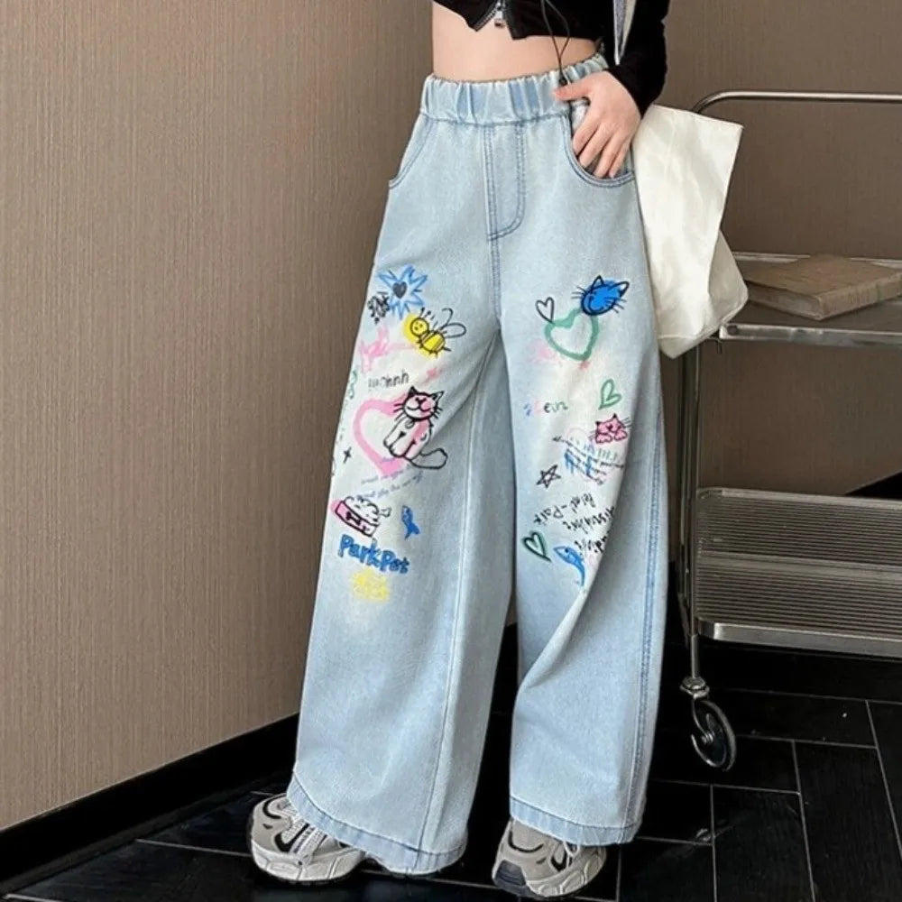 Straight Teen Girl Jeans Loose Graffiti Children Cartoon Jeans High Waist Wide Leg Girls Denim Trousers Kids Children