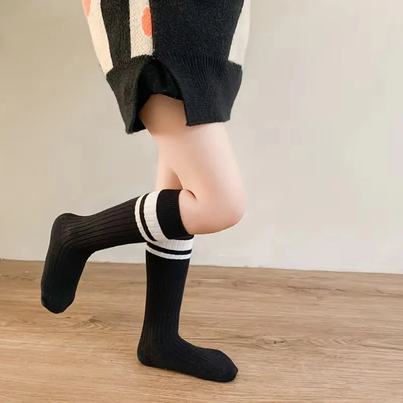 Spring Autumn Baby Cotton Kids Floor Sport Stockings New Korean White Black Striped Knee High Long Socks for Children Clothes
