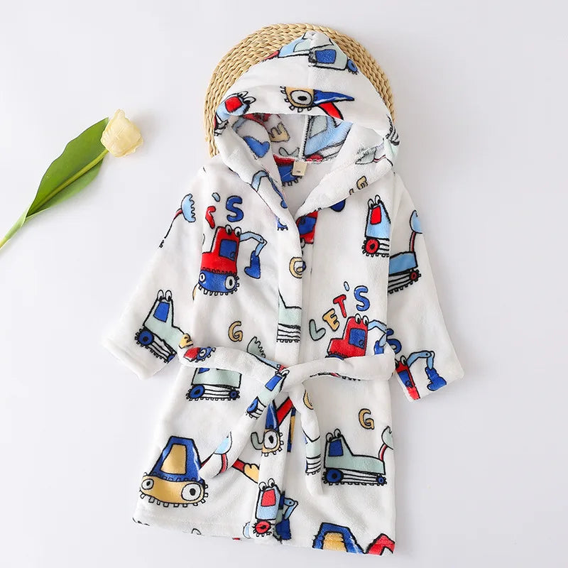 2025 Kids Hooded Flannel Bathrobe Baby Bath Bear Printed Robes Boys Girls Cute Cartoon Soft Warm Pajamas Long Sleeve Towel Robe