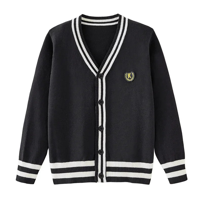 Toddler Girl Cardigan Autumn V-neck Striped Sweaters Teenage Boys Knit Sweater Navy Blue Grey Outerwear Uniform 3 To 18 Years