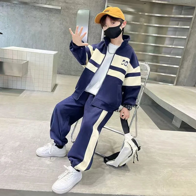 Fashion Boys Clothing Set Spring Autumn Patchwork Zipper Coat Pants 2Pcs For 4-12 Years Kids Tracksuits Teenager Casual Outfits