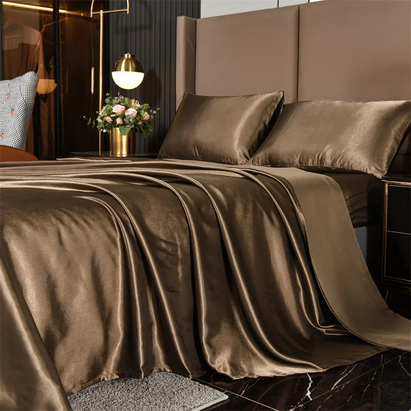 Satin Bed Sheets, Queen Size Sheets Set, 4 Pcs Silky Bedding Set   1 Deep Pocket Fitted Sheet + 1 Flat Sheet + 2 Pillowcases