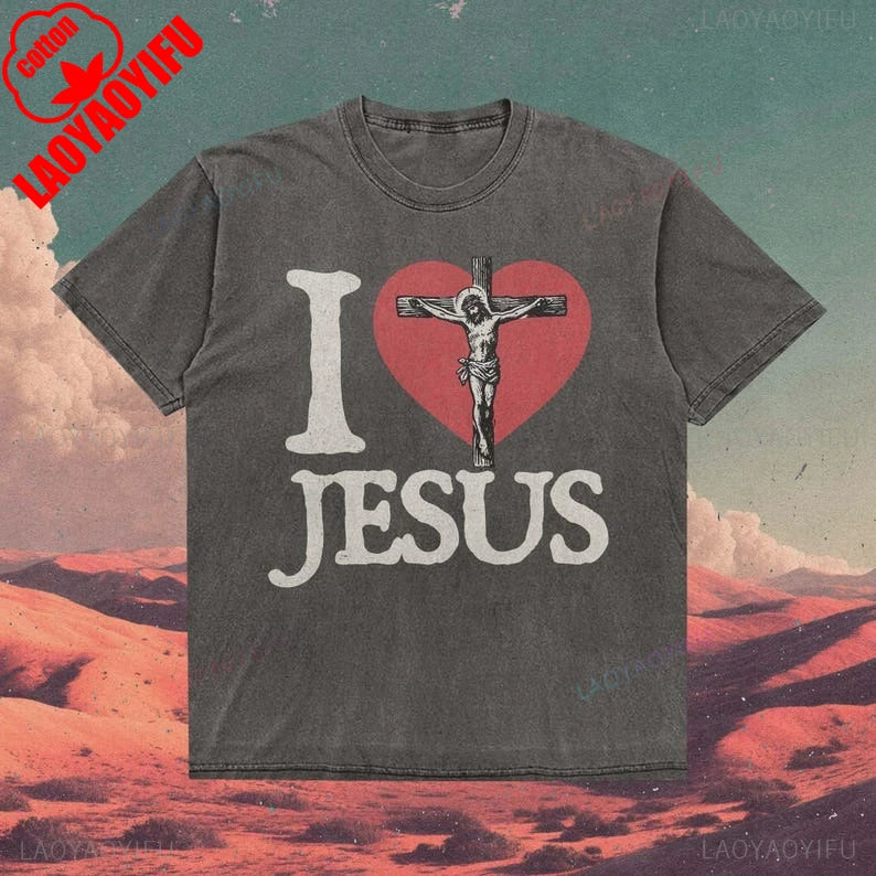 I Love Jesus T-shirt Vintage Christian Tee for Men Women Retro Faith Graphic Easter Spiritual Tops Religious Gift for Him Her
