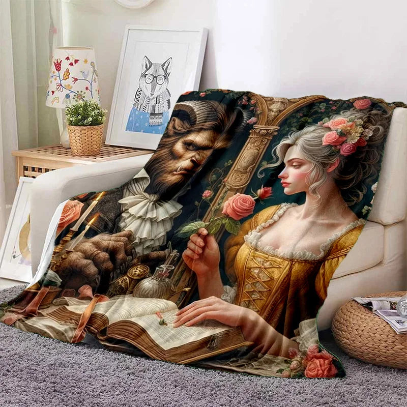 Lovely Beauty and The Beast Cartoon Soft Blankets,Keep Warm Throw Blanket Comfortable Blanket for Picnic Beds Sofa Home Bedroom