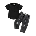 Summer Infant Baby Boys 2 Pieces Outfits Solid Color Round Neck Short Sleeve T-Shirt Tops + Ripped Jeans Denim Pants Set
