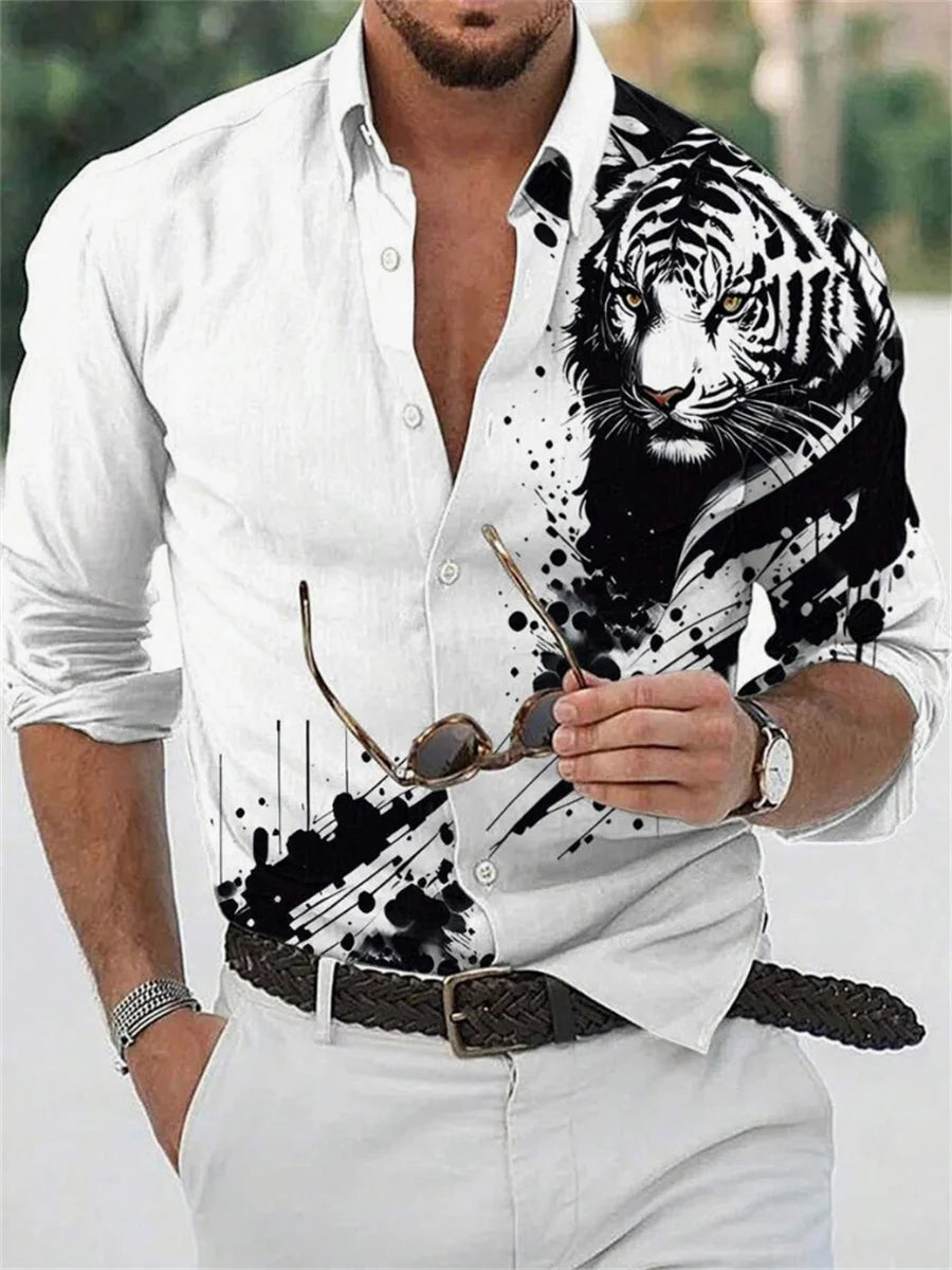 Men's pure color casual tiger 3D print long sleeve shirt, slim without ironing fashionable elastic fabric social essential