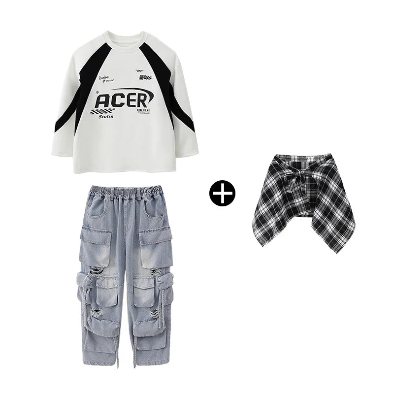 Children's Teen Boys Girls Streetwear Hiphop Sweatshirt Cargo Pant Sets Tracksuits Performance Clothing Kids Tshirt Trousers