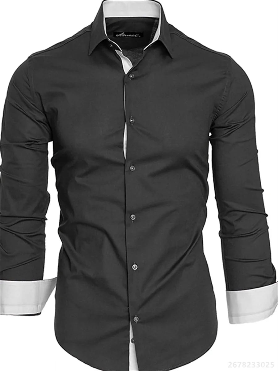 Men's shirt slim fit long sleeve lapel shirt business office fashion solid color black red daily casual men's tops XS-6XL size