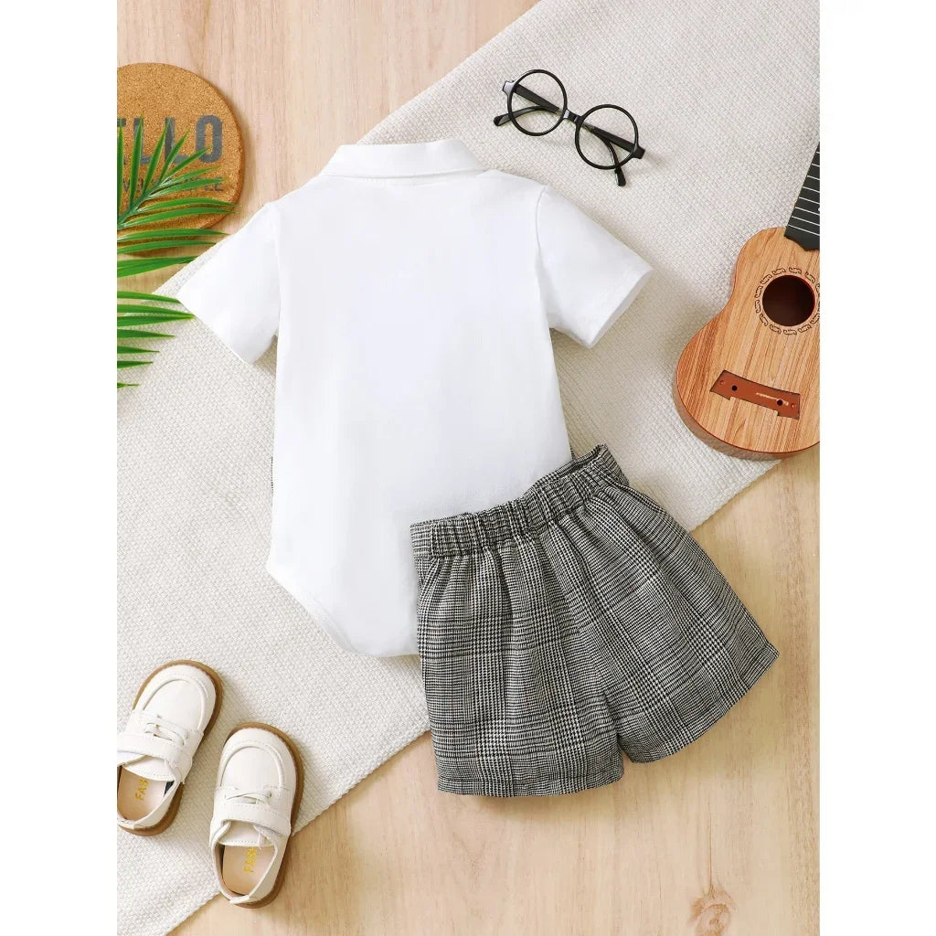 2025 Baby Boys' Gentleman Clothes Set Bow Tie Plaid Romper+Plaid Shorts 2PCS Summer Outfits Infant Birthday Party for 0-3Years