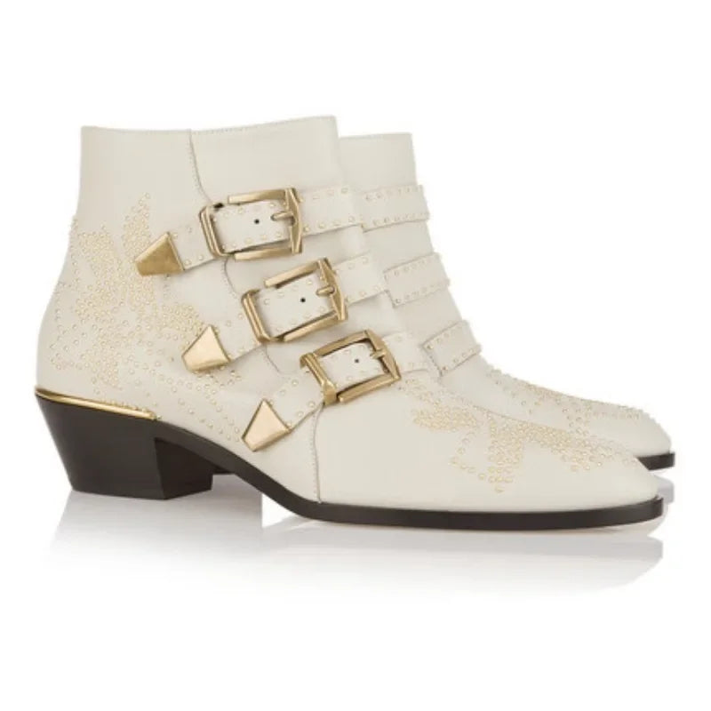 European and American Women's Metal Rivet Cowhide Material Thick Heel Plus Size Casual Belt Buckle Side Zipper Knight Boots