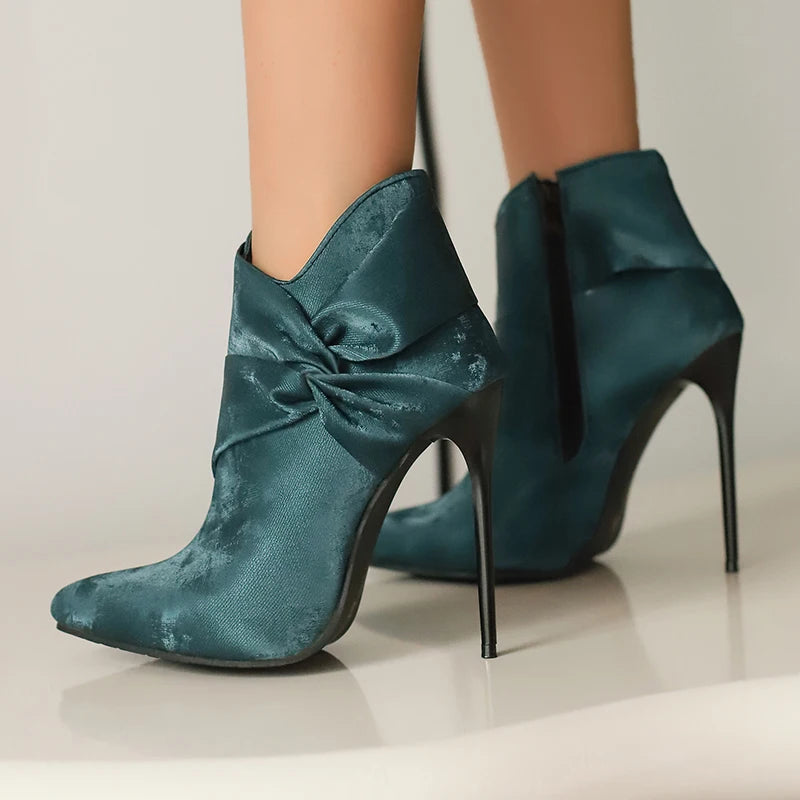 12cm Sexy Stiletto Women's Ankle Boots Twine Bowknot Decor Shoes Super Thin Heels Cloth Short Boots