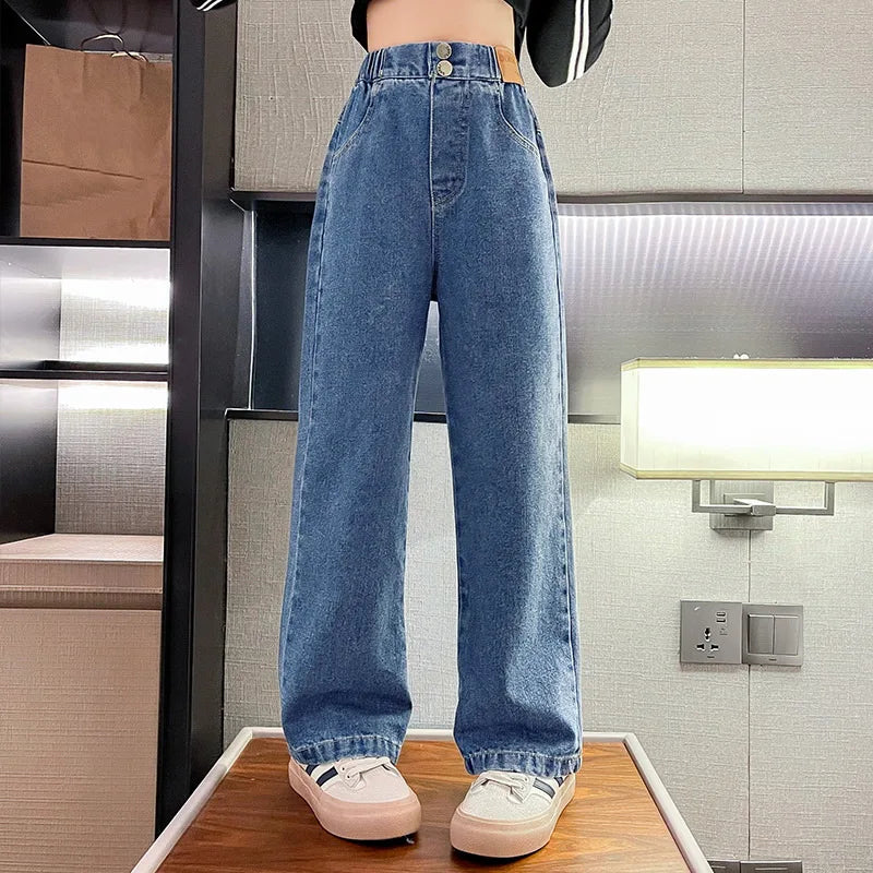 Teenage Girls Jeans 2025 Spring Autumn Casual Fashion Loose Blue Kids Leg Wide Pants School Children Trousers 6 8 10 12 Year