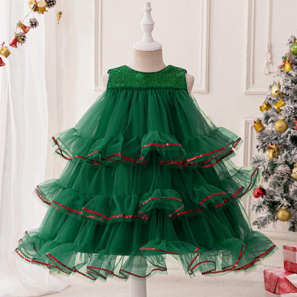 Sequin Christmas Party Costume for Girl Carnival Halloween Tulle Birthday Prom Girl Dresses Layered Wedding Evening Kids Clothes