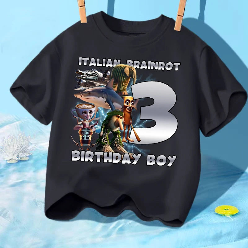 Italian Brainro Kids Birthday Number T-shirts Tung Tung Tung Sahur Summer Clothes Funny Meme Short Sleeves Tops Boys Girls Tees