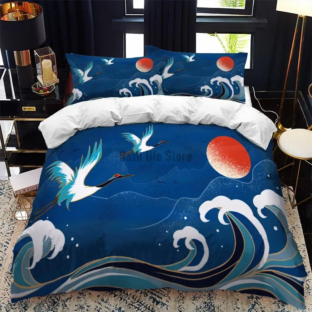 Bedding Set Japanese Painting Landscape Printed  For Kids Girl Luxury Bedding Set Duvet Cover Pillowcase Game Elements