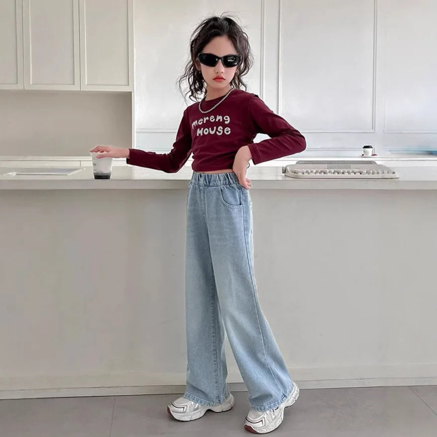 Autumn Young Teenager Girls Denim Pants Elastic Waist Youth Girls Trousers Loose Casual Pure Color Children Girls Jeans