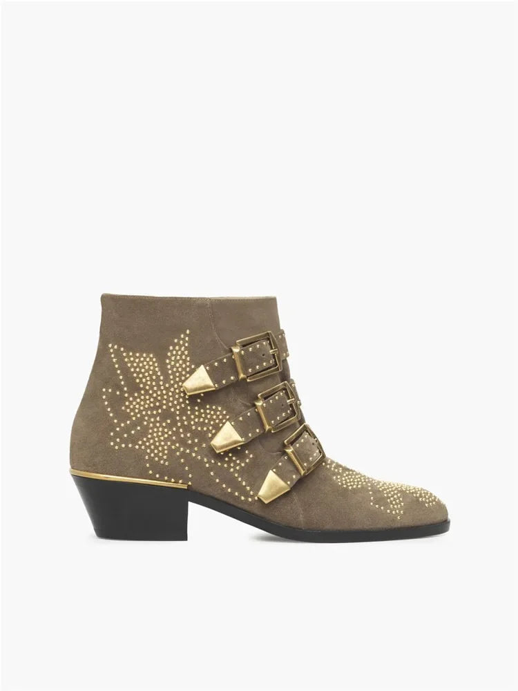 European and American Women's Metal Rivet Cowhide Material Thick Heel Plus Size Casual Belt Buckle Side Zipper Knight Boots