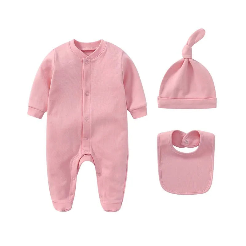 Baby Sets Boys Girls Clothing 100%Cotton Romper Solid Color Long Sleeve Bodysuits+Hat+Bib 3Pcs Set Spring Autumn Newborn Outfits