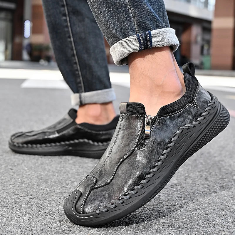 LETCOMFIT Handmade Genuine Leather Men Shoes Casual Comfort Slip on Loafers Men Flats Wear-resistant Walking Shoes All Season