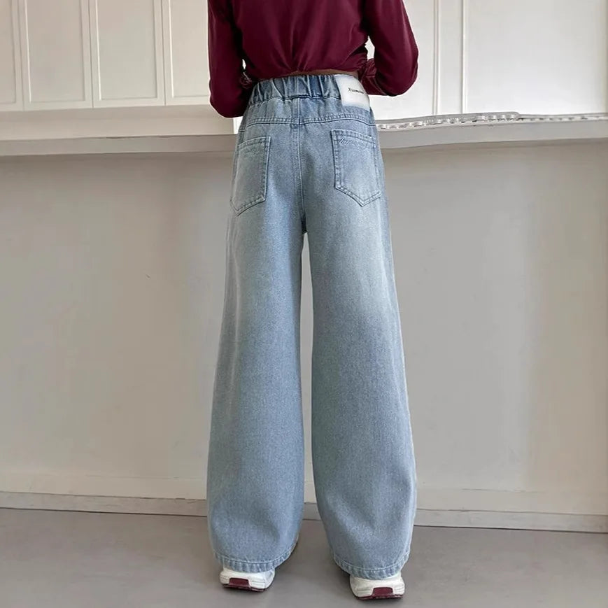Autumn Young Teenager Girls Denim Pants Elastic Waist Youth Girls Trousers Loose Casual Pure Color Children Girls Jeans
