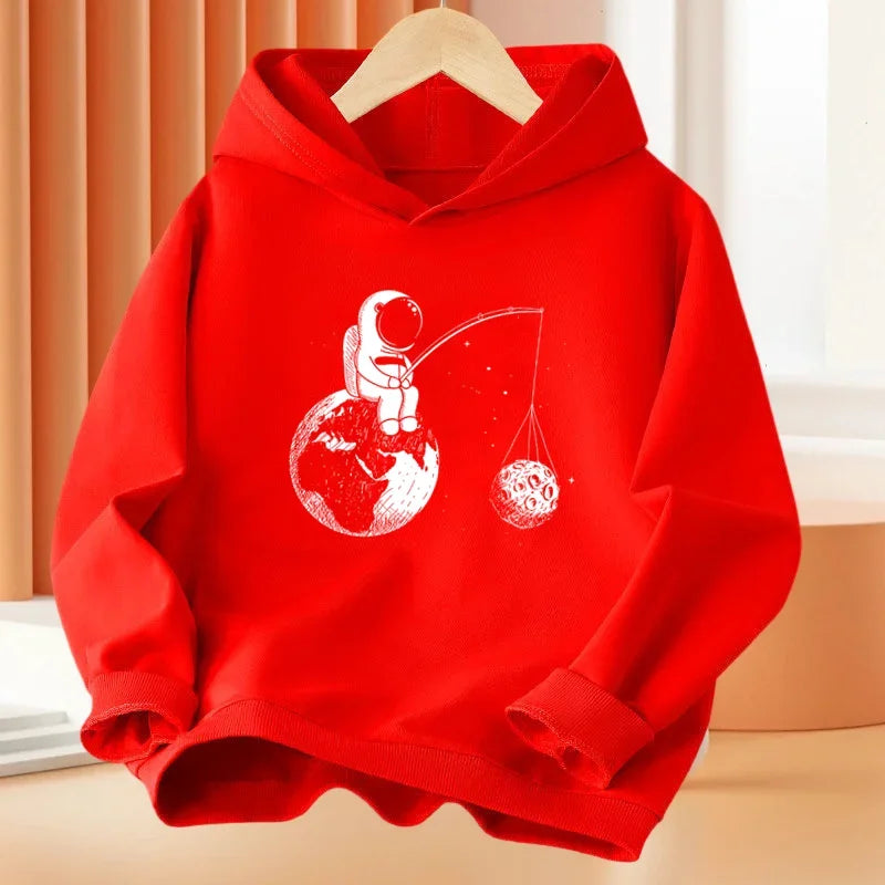 Spring Autumn Boys 2-14Year Cartoon Space Astronaut Fishing The Moon Long Sleeve Hoodie Children Funny Tops Kids Fashion Coat