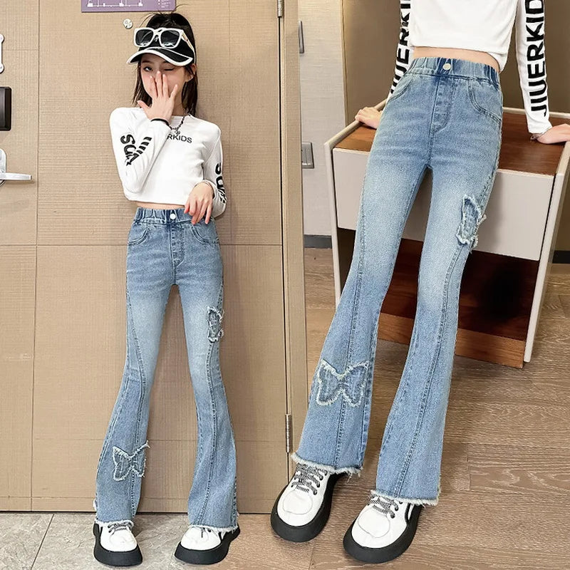 Fashion Jeans for Girls with Butterfly New Arrvial Kids Vintage Tight Denim Flare Pants 2024 Spring Autumn Teenage Slim Trousers