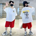 2025 summer Teens Boys Clothes set Outfit Kid robot fashion Tracksuit Child t-shirt top + solid shorts pant 4 7 8 10 12 14 Year