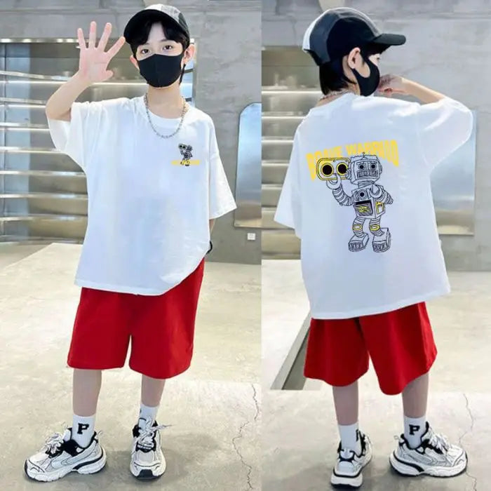 2025 summer Teens Boys Clothes set Outfit Kid robot fashion Tracksuit Child t-shirt top + solid shorts pant 4 7 8 10 12 14 Year