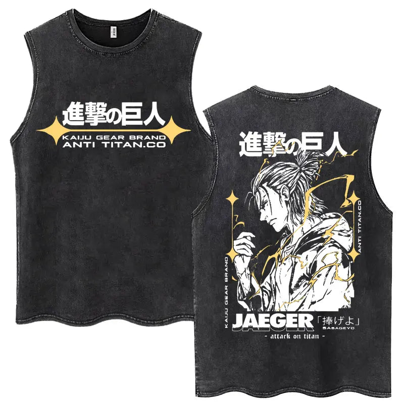 Washed Anime Attack on Titan Vintage Tank Tops Eren Yeager Shingeki No Kyojin Sleeveless T Shirt Men's Cotton Loose Y2k T Shirts