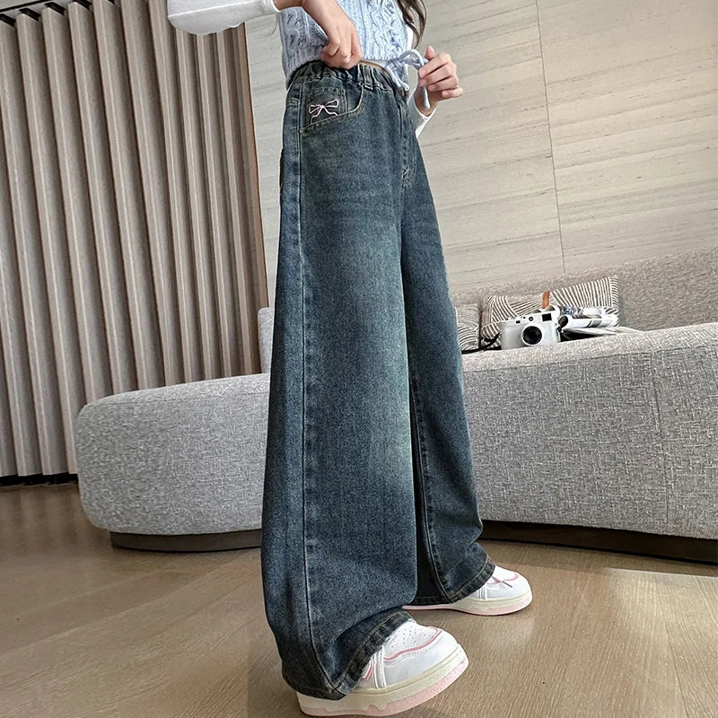 Girls Straight Jeans Autumn Collection Embroidered Pink Bow Detail Suitable for Ages 5-15