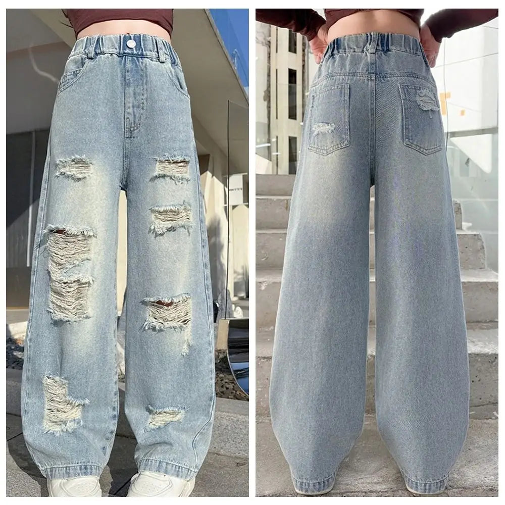 Ripped Wide Children Jeans Straight Loose Leg Blue Teen Girl Jeans High Waist Streetwear Girls Denim Trousers Kids Children
