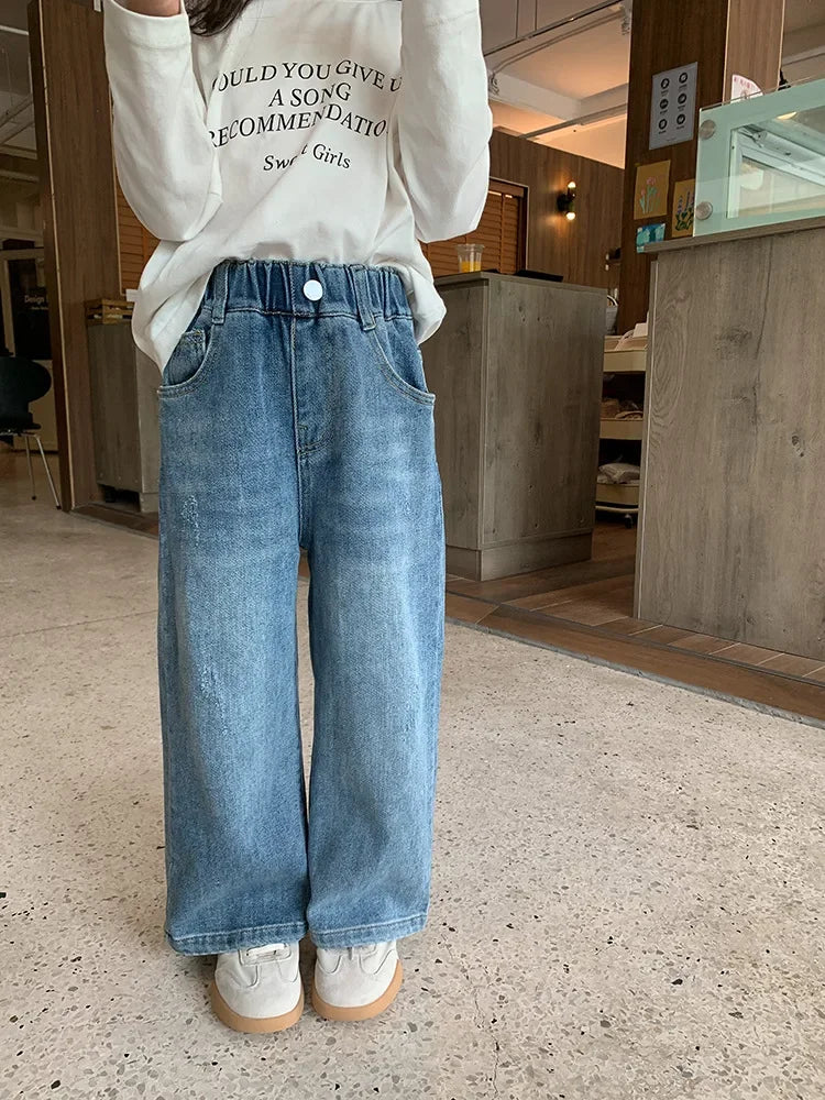 Childrens Jeans Good Fit High-quality Girls Autumn Fashionable and Versatile Washed Elastic Retro Straight Leg Jeans