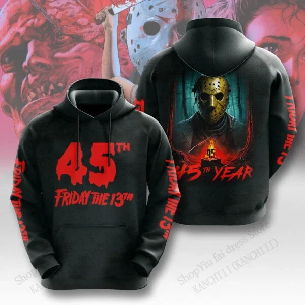 Men's Hoodie 3D Hockey Mask Print 45th Anniversary Edition 1980-2025, Horror Movie Streetwear Pullover for Halloween Cosplay