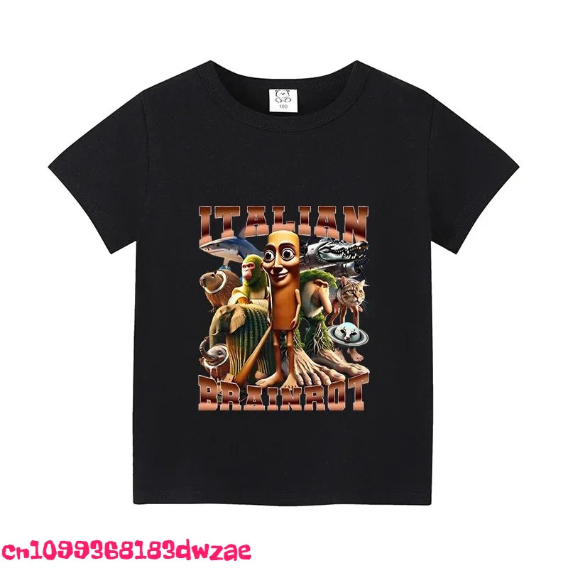 Italian Brainrot Animals Kids Cotton T-shirt Cappuccino Assassino Short Sleeve Tops for Kids Funny Meme Cute Tee Summer Clothing