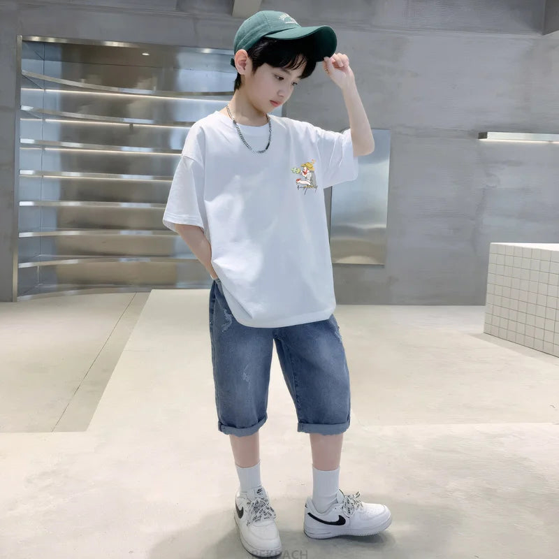 Big Boys Sets Clothing Kids Short Sleeve Cotton T-shirt And Shorts 2 Pieces Outfits Set Teenage Children Casual Summer Outerwear