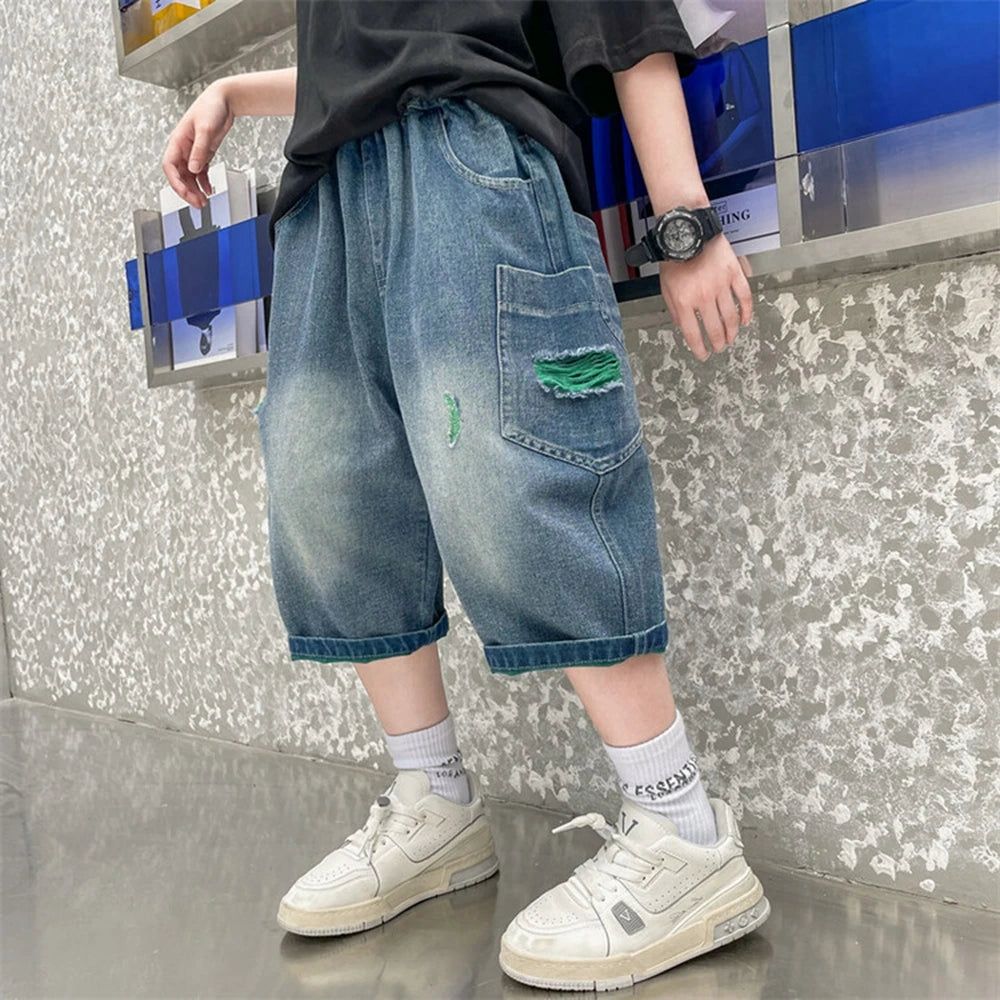 Teen Boys Shorts New Casual Alphabet Cotton Thin Denim Ffabric Children Short Jeans Clothing for Boy 4 6 8 10 12 14 16 Years