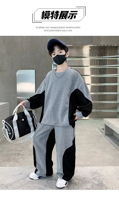 2025 teenager boys Suit autumn winter Cloth letter striped sweatshirt hooded + wide leg Pants tracksuit 5 8 10 12 Year Child set