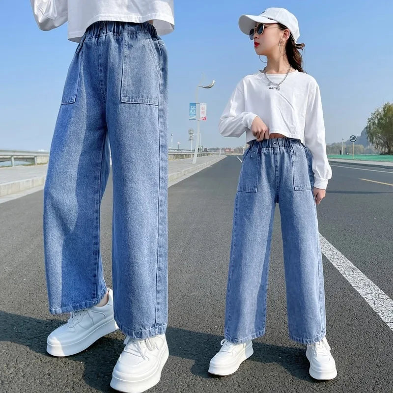 Girls Jeans spring autumn Casual Loose Side Gradient Color Young Children hole Wide Leg Pants3-12Years Teen School Kids Trousers