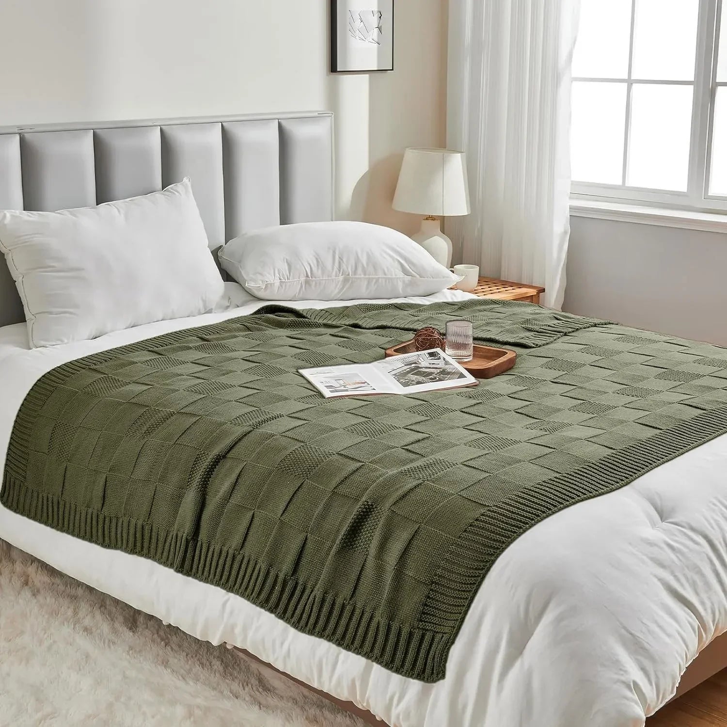 Bohemian New Waffle Sofa Knitted Blanket Cover Plane Office Nap Camping Leisure Soft Blanket Green Shawl Blanket Small Bed Cover