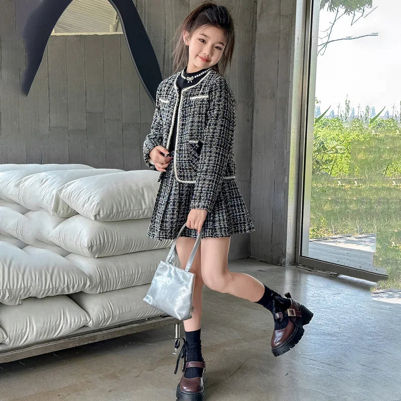 Teen Girls Skirts clothes sets French design Round neck jacket+Pleated skirt 2pcs fashion junior kid suit child outfits 4-14Y