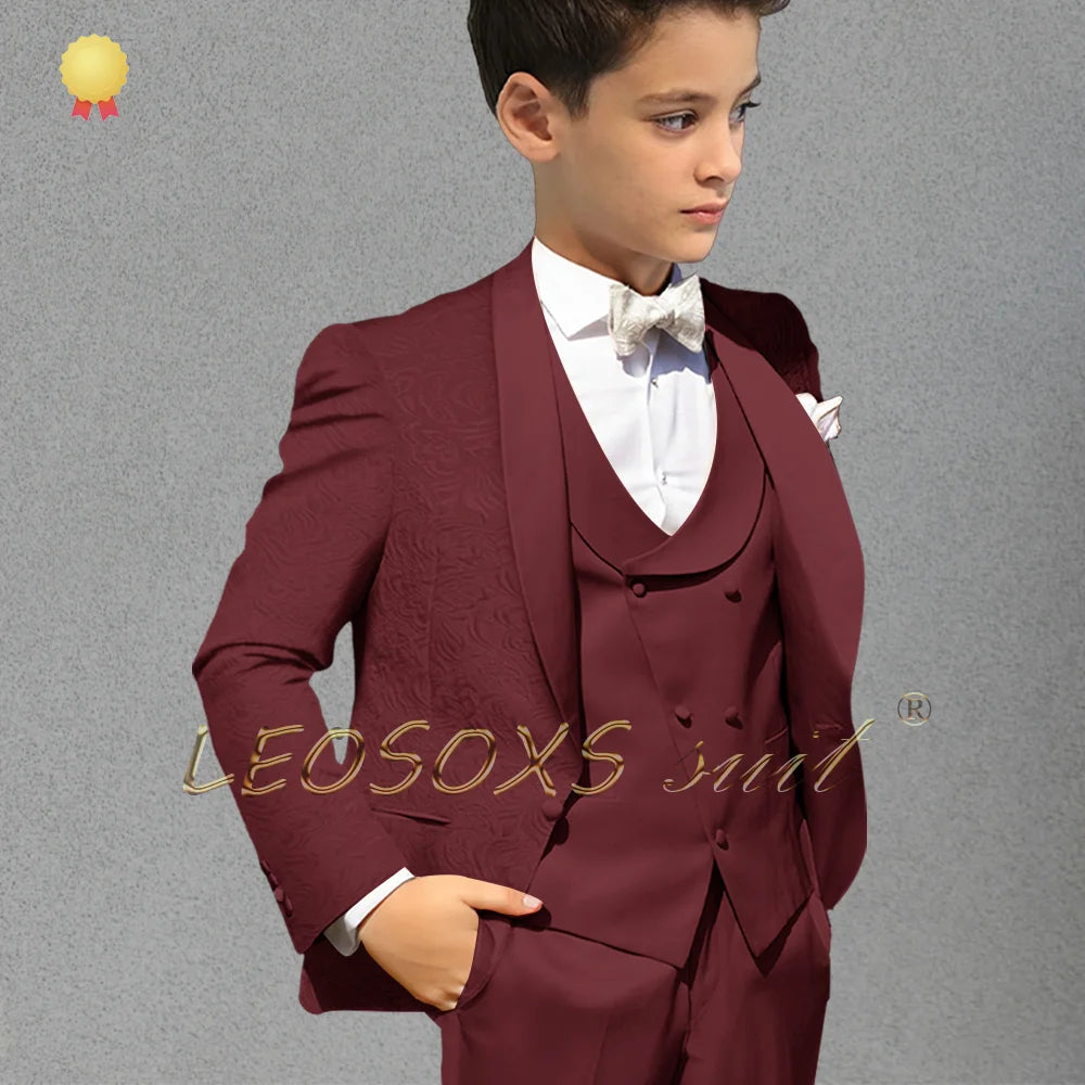 Boys Champagne Jacquard Coat Dress Set (Coat + Vest + Pants) Children Wedding Party Birthday Gift Elegant Gentleman Tuxedo