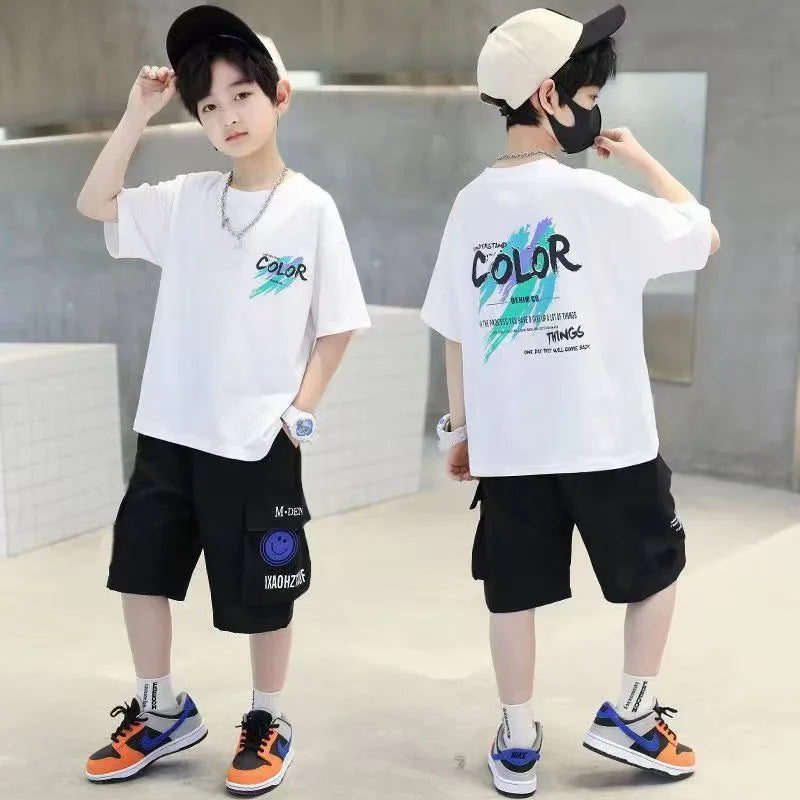 Teen Boys Clothing Set Summer Letter Graffiti Short Sleeve T-shirt+Shorts 2Pcs Suit For 5 6 8 10 12 Years Kids Casual Outfit