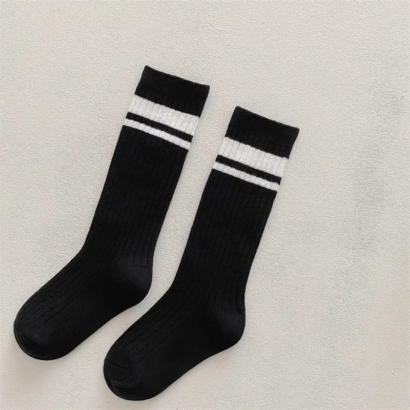 Spring Autumn Baby Cotton Kids Floor Sport Stockings New Korean White Black Striped Knee High Long Socks for Children Clothes