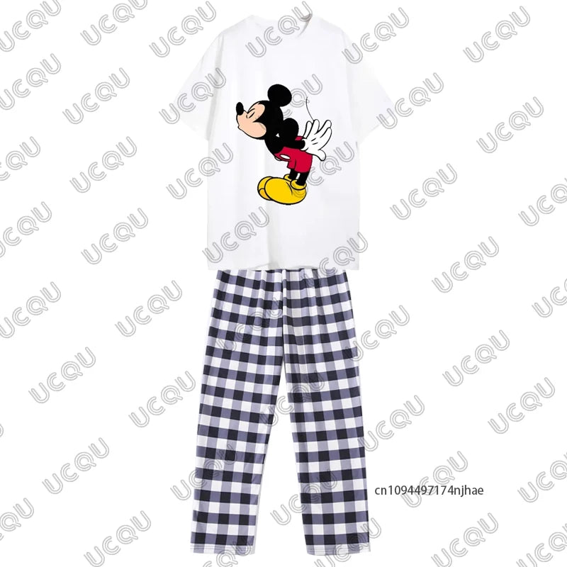 Men's Trousers Tracksuit 2 Piece Outfits Mickey & Minnie Print Tshirt+Plaid Pajamas Pant Set Couple Casual Suit Oversize Clothes
